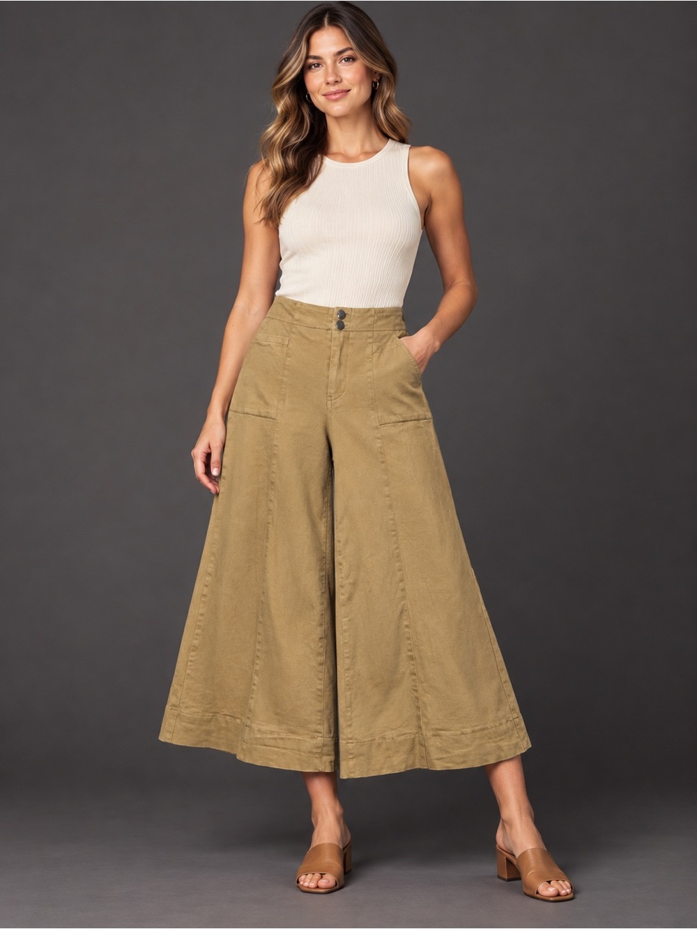 In February Wide Leg Culotte Gaucho Pants Tan Brown High Rise M Autumn Fashion